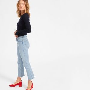 Everlane high rise straight light wash jeans with raw hem